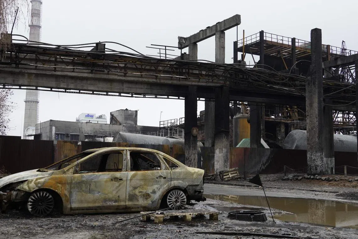A Nov 4, 2022, photo shows the ruins of a chemical plant near Russia's Begorod, after shelling from Ukraine.
