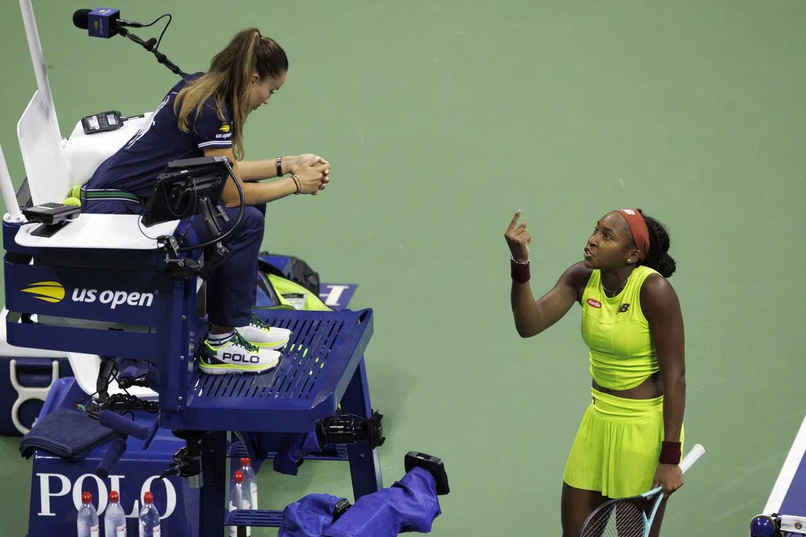 Coco Gauff of the United States argues with Serbian umpire Marijana Veljovic during her match against Laura Siegemund of Germany.