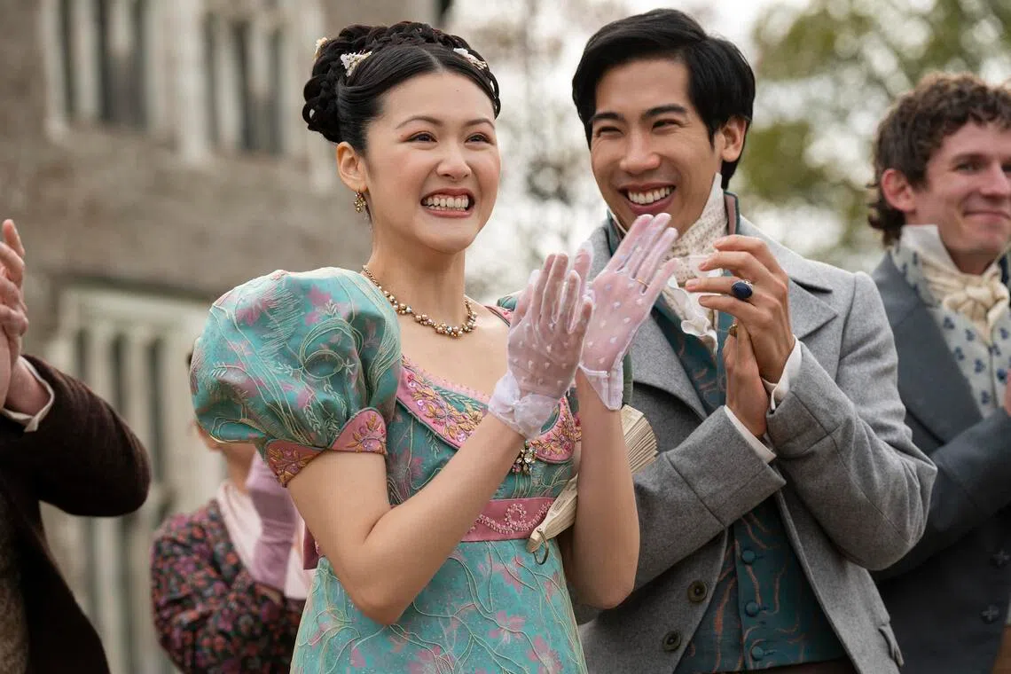 Isabella Wei (left) as Posy Li and Zheng Xi Yong as Lord Barnaby in Bridgerton Season 4