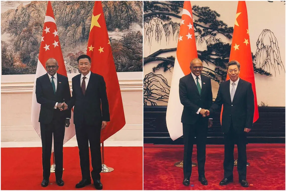 Coordinating Minister for National Security K. Shanmugam with Chinese State Councillor and Minister of Public Security Wang Xiaohong (left pic, right) and Secretary of the Central Political and Legal Affairs Commission Chen Wenqing.