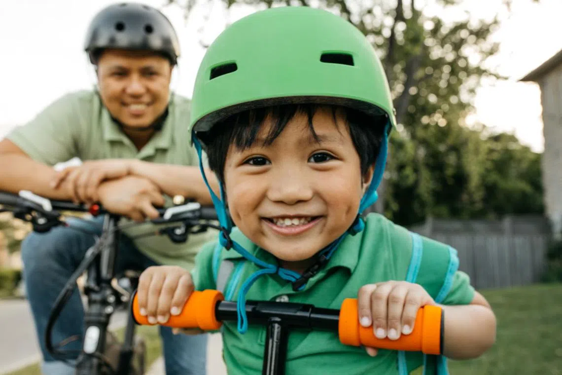Malay father and son cycling together 