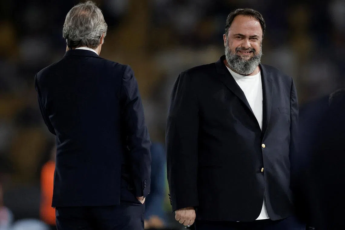 FILE PHOTO: Soccer Football - Europa Conference League - Final - Olympiacos v Fiorentina - Agia Sophia Stadium, Athens, Greece - May 30, 2024 Olympiacos owner Evangelos Marinakis celebrates after winning the Europa Conference League final REUTERS/Alkis Konstantinidis/File Photo
