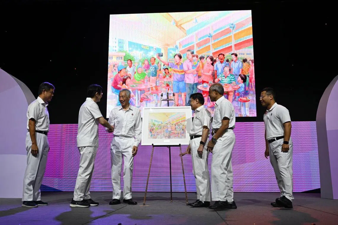 (From left) Education Minister Chan Chun Sing, Prime Minister Lawrence Wong, Senior Minister Lee Hsien Loong, Deputy Prime Minister Heng Swee Keat, Minister for Social and Family Development Masagos Zulkifli and National Development Minister Desmond Lee at the PAP awards on Nov 23.