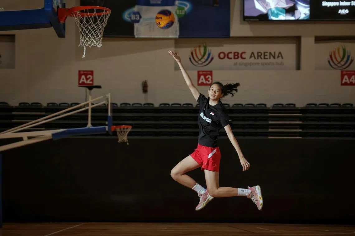 Portrait of Singapore women's 3X3 basketball player Han Xing Yue, who will be playing at the March 26-30 Fiba 3X3 Asia Cup on home soil, at OCBC Arena Hall 1 on March 6, 2025.
