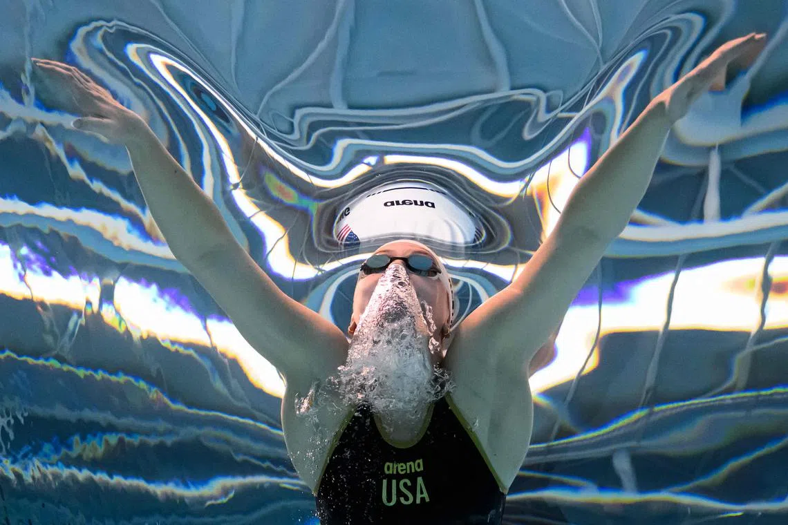 Anna Keating of the US competing in the women's 200m breaststroke heat 2 swimming event of the Pan American Games Santiago 2023 at the Aquatics Centre in the National Stadium Sports Park in Santiago on Oct 23, 2023. 