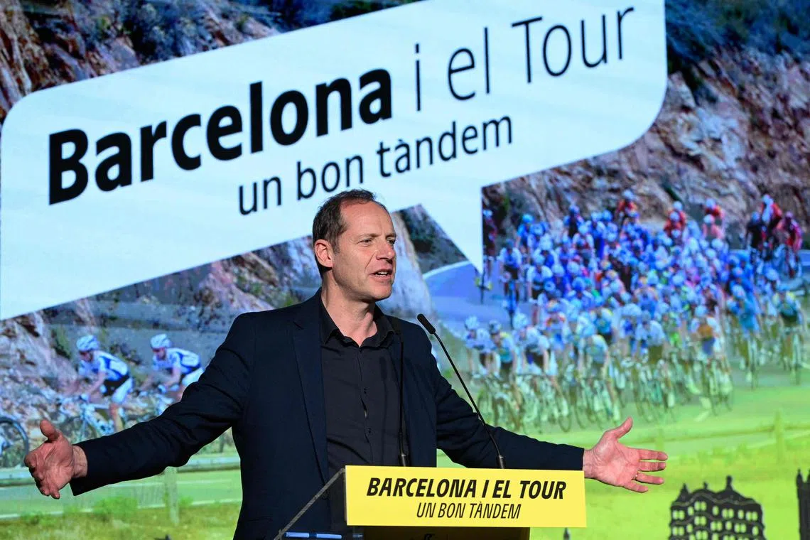 Tour de France general director Christian Prudhomme speaks during a ceremony in Barcelona to present the start of the 2026 Tour de France.