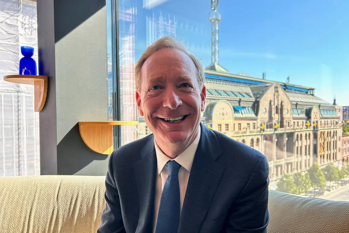 Microsoft Vice Chair and President Brad Smith reacts during an interview with Reuters after announcing a $3.2 billion investment in Sweden, in Stockholm, Sweden June 3, 2024. REUTERS/Supantha Mukherjee