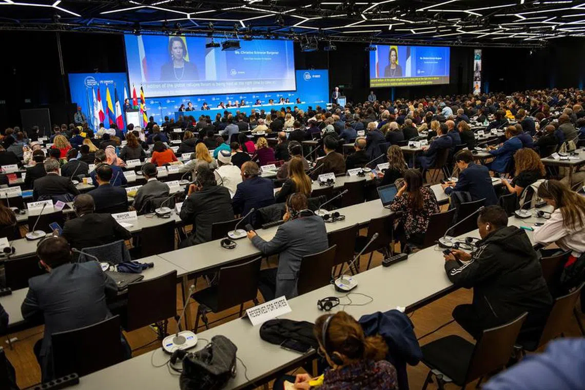 FILE PHOTO: Swiss State Secretary for Migration Christine Schraner Burgener addresses the assembly on the opening day of the Global Refugee Forum, in Geneva, Switzerland, December 13, 2023. Jean-Guy Python/Pool via REUTERS/File Photo