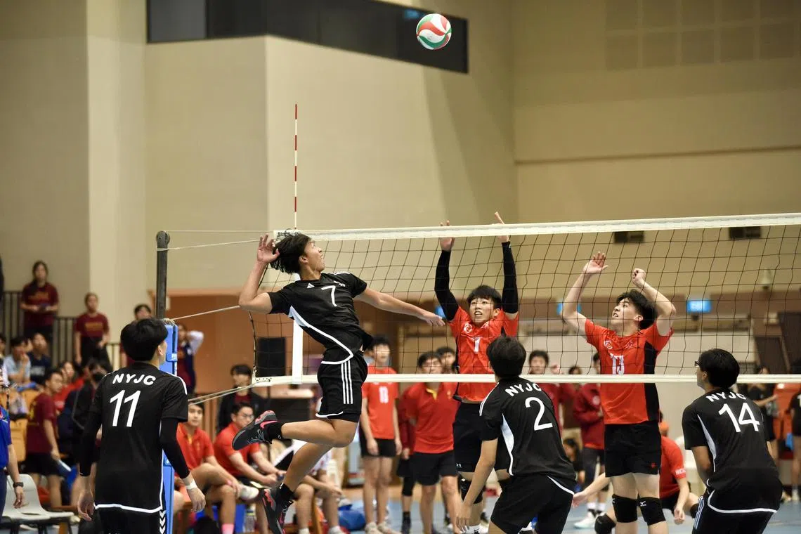 Nanyang Junior College's Renfred Eng's spiking against Hwa Chong Institution in the A Division boys' volleyball final.