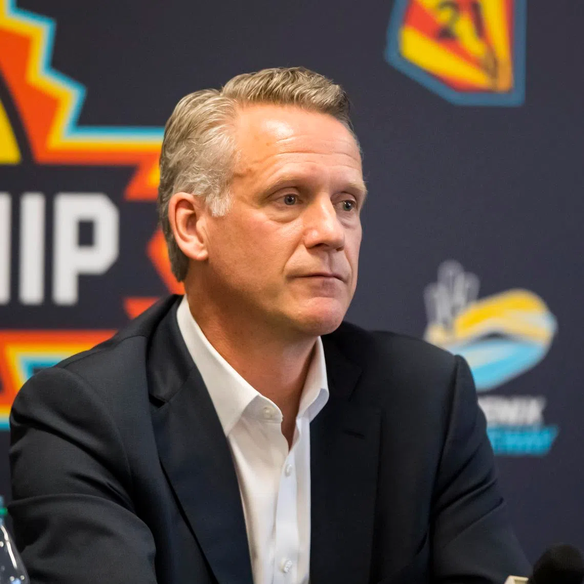 Nov 5, 2021; Avondale, Arizona, USA; NASCAR president Steve Phelps speaks to the media prior to practice for the Cup Series Championship race at Phoenix Raceway. Mandatory Credit: Mark J. Rebilas-USA TODAY Sports