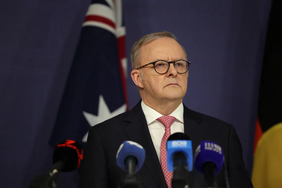 Australian Prime Minister Anthony Albanese reacts during a press conference in Sydney, Australia,  September 12, 2025. REUTERS/Hollie Adams