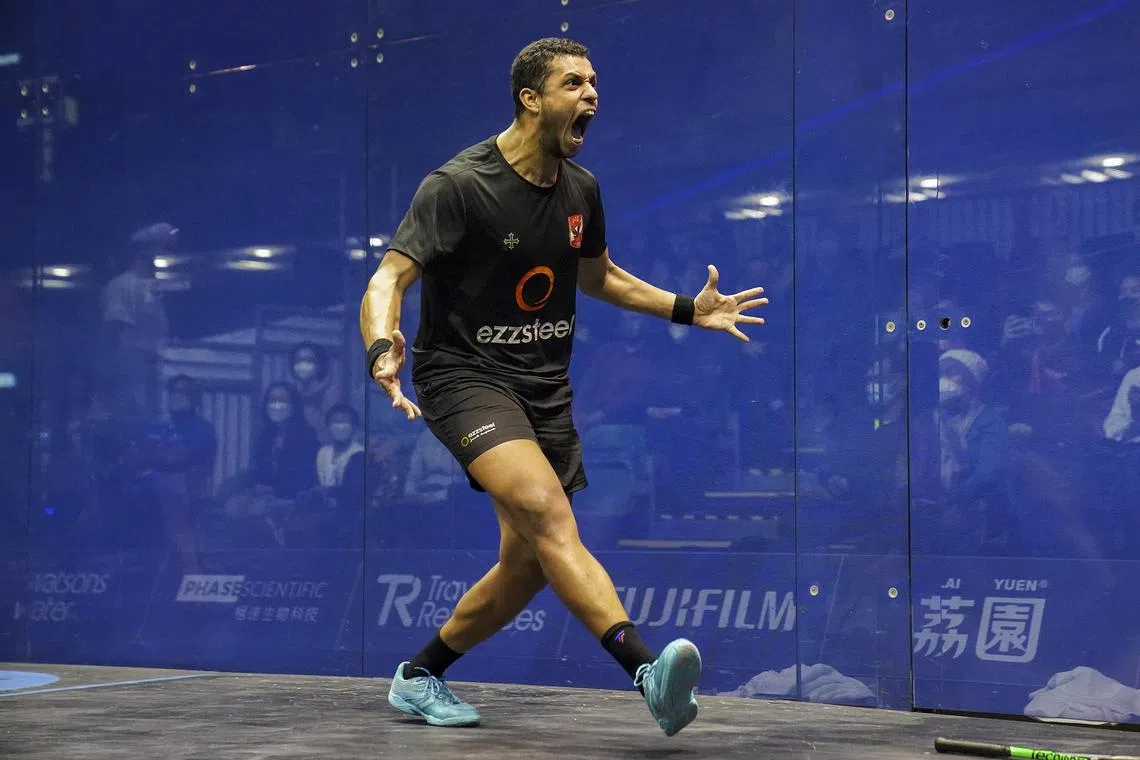Mostafa Asal celebrating after beating Diego Elias in the men’s final of the Hong Kong Squash Open at Hong Kong Park Sports Centre in December 2022.