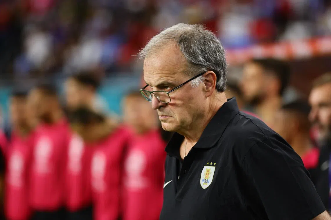 FILE PHOTO: Jun 23, 2024; Miami, FL, USA; Uruguay head coach Marcelo Bielsa looks on before the game against Panama during the group stage of Copa America at Hard Rock Stadium. Mandatory Credit: Sam Navarro-USA TODAY Sports/File Photo
