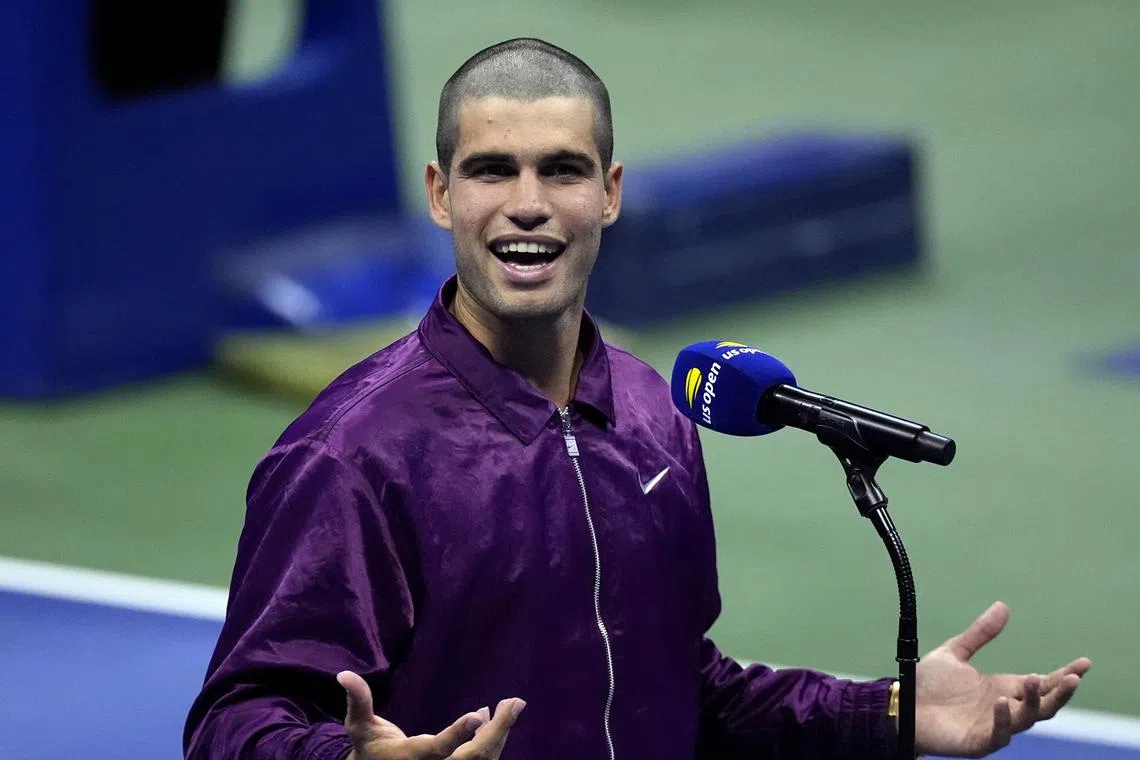 Tennis - U.S. Open - Flushing Meadows, New York, United States - August 26, 2025 Spain's Carlos Alcaraz speaks after winning his first round match against Reilly Opelka of the U.S. REUTERS/Eduardo Munoz