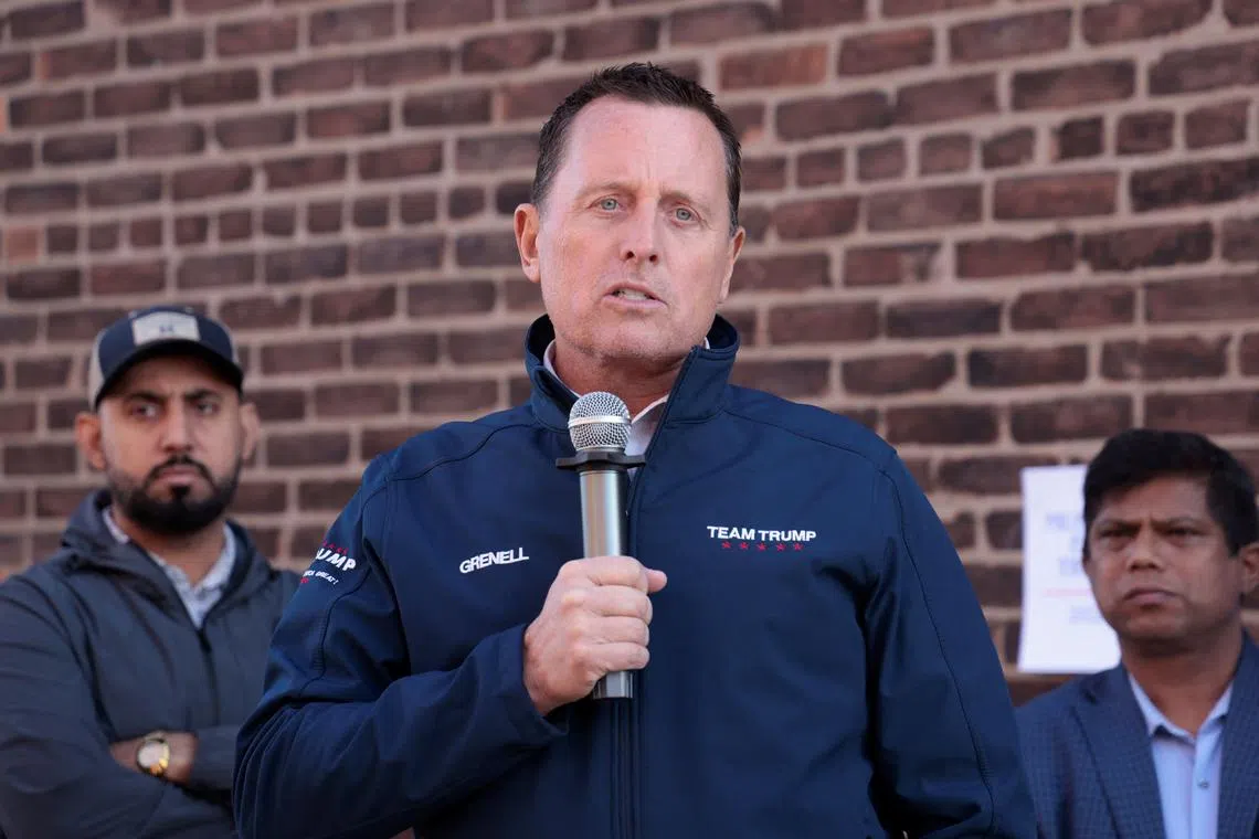FILE PHOTO: Richard Grenell, a top advisor to former U.S. President Donald Trump and former Acting Director of National Intelligence, speaks to the attendees of a Muslims and Bangladeshi Americans for Trump  outreach event in Hamtramck, Michigan, U.S. November 2, 2024.  REUTERS/Rebecca Cook/File Photo