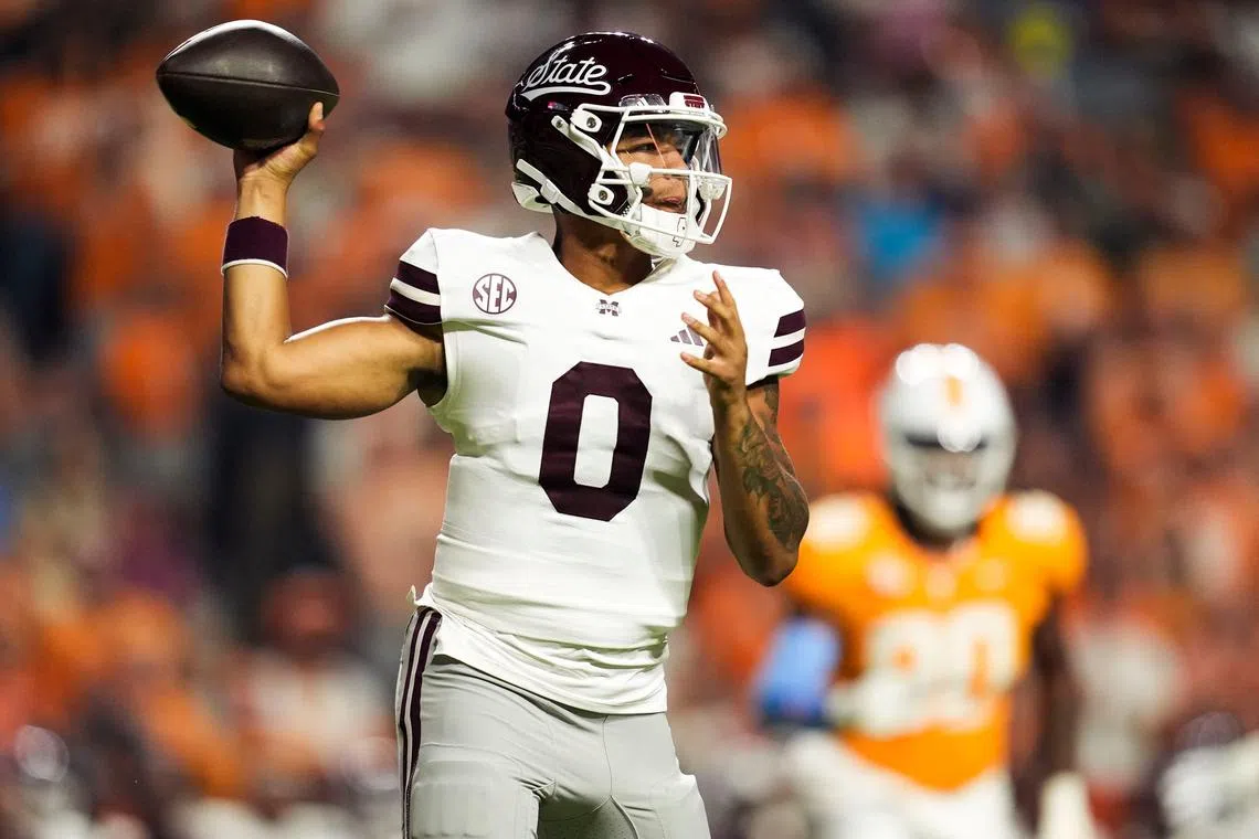Nov 9, 2024; Knoxville, Tennessee, USA; Mississippi State Bulldogs quarterback Michael Van Buren Jr. (0) throws a pass against the Tennessee Volunteers during the first half at Neyland Stadium. Mandatory Credit: Caitie McMekin/USA TODAY Network via Imagn Images/ File Photo