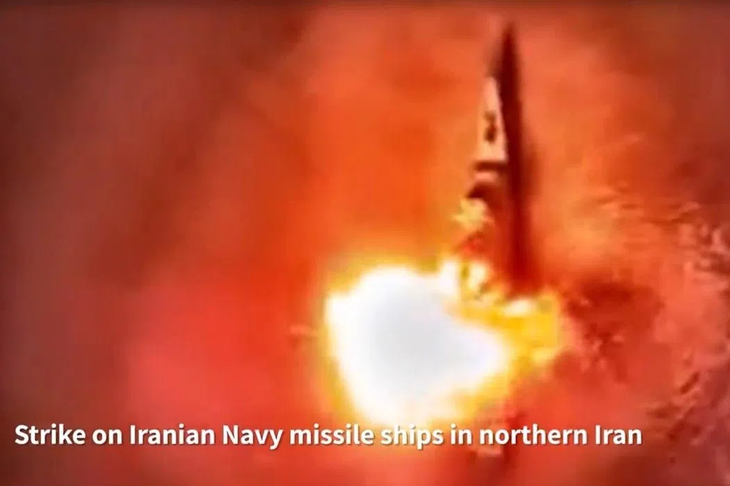 A screenshot from an online video said to show Israel's strikes on Iranian naval vessels in the Caspian Sea.