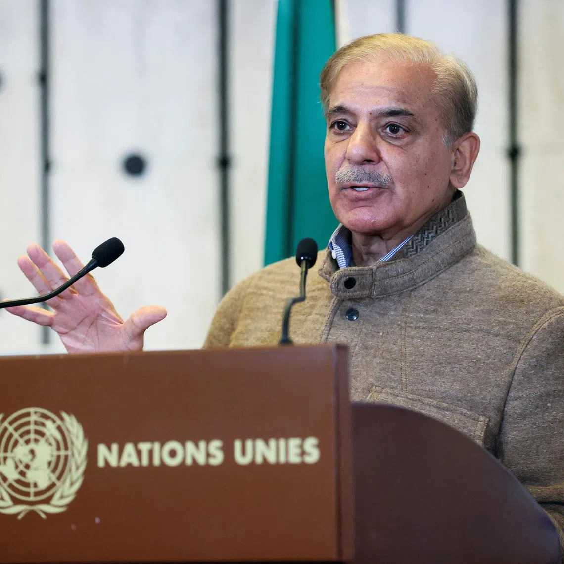 FILE PHOTO: Pakistan's Prime Minister Shehbaz Sharif speaks at a news conference, during a summit on climate resilience in Pakistan, months after deadly floods in the country, at the United Nations, in Geneva, Switzerland, January 9, 2023. REUTERS/Denis Balibouse/File Photo