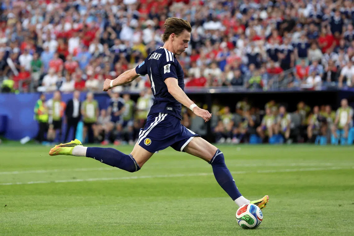 FILE PHOTO: Soccer Football - FIFA World Cup 2026 - Group C - Scotland v Morocco - Boston Stadium, Foxborough, Massachusetts, U.S. - June 19, 2026 Scotland's Scott McTominay shoots at goal IMAGN IMAGES via Reuters/Paul Rutherford/File Photo