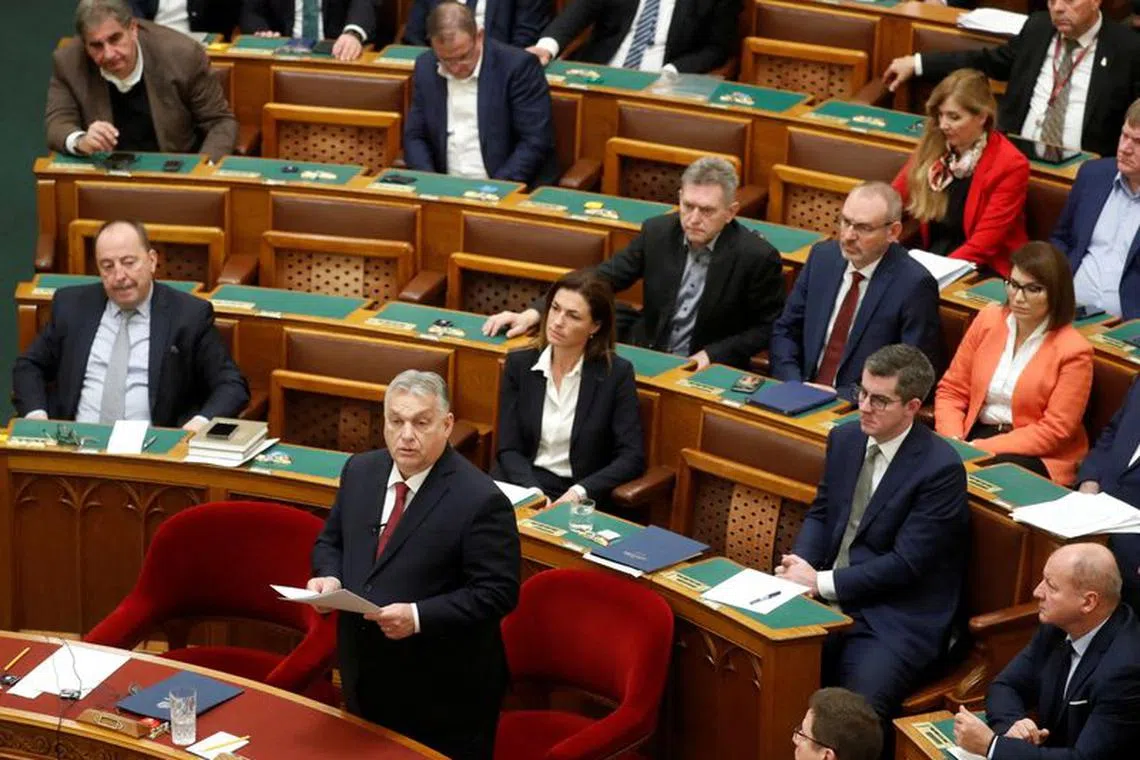 Hungarian Prime Minister Viktor Orban addresses the Parliament in Budapest, Hungary, December 13, 2023. REUTERS/Bernadett Szabo/ File Photo
