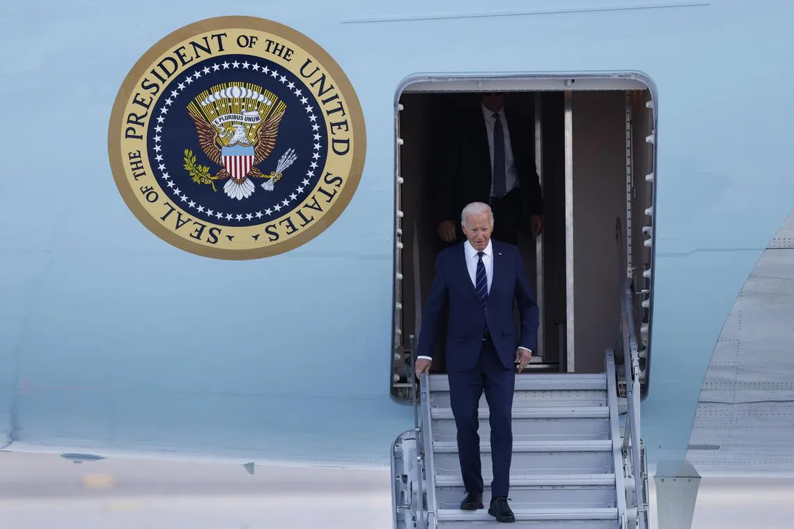 President Joe Biden arrives at the Harry Reid International Airport in Las Vegas on July 15, 2024.