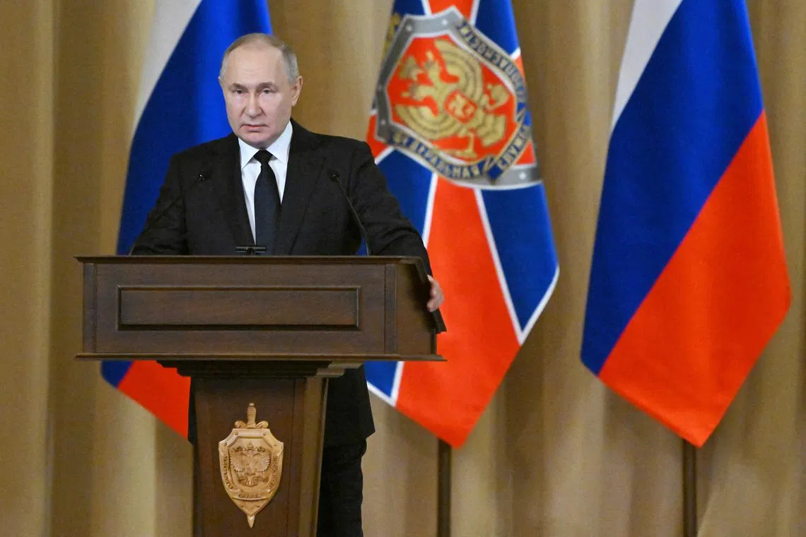 Russian President Vladimir Putin delivers a speech during a meeting of the Federal Security Service (FSB) collegium in Moscow, Russia March 19, 2024. Sputnik/Sergey Guneev/Kremlin via REUTERS
