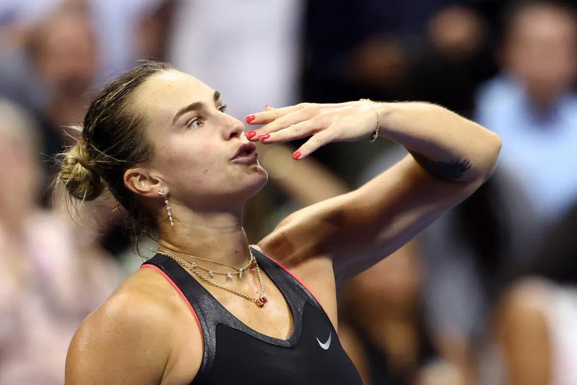 Tennis - U.S. Open - Flushing Meadows, New York, United States - September 4, 2025 Belarus' Aryna Sabalenka celebrates winning her semi final match against Jessica Pegula of the U.S. REUTERS/Kevin Lamarque