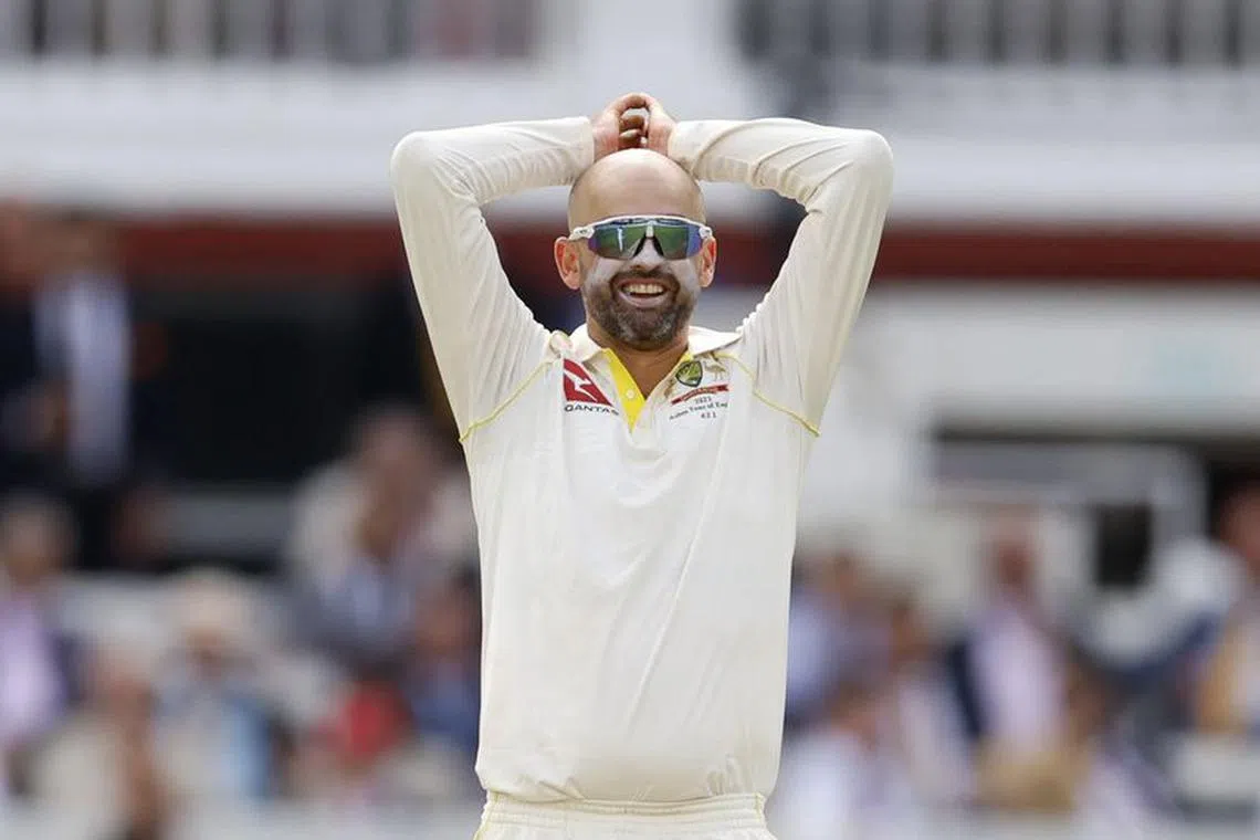 FILE PHOTO: Cricket - Ashes - Second Test - England v Australia - Lords, London, Britain - June 29, 2023 Australia's Nathan Lyon reacts Action Images via Reuters/Peter Cziborra/File Photo