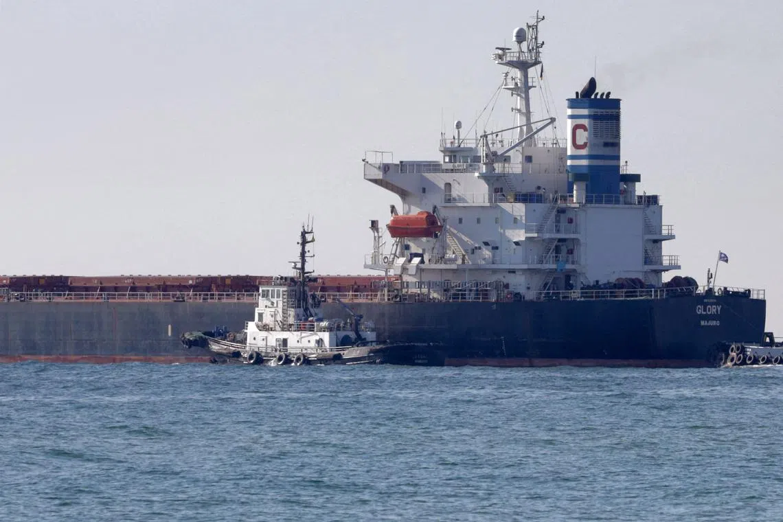In this file photo, the Marshall Islands-flagged bulk carrier M/V Glory leaves the Ukrainian port of Chornomorsk on Aug 7, 2022. The Norwegian cargo vessel has been refloated after running aground in the Suez Canal.