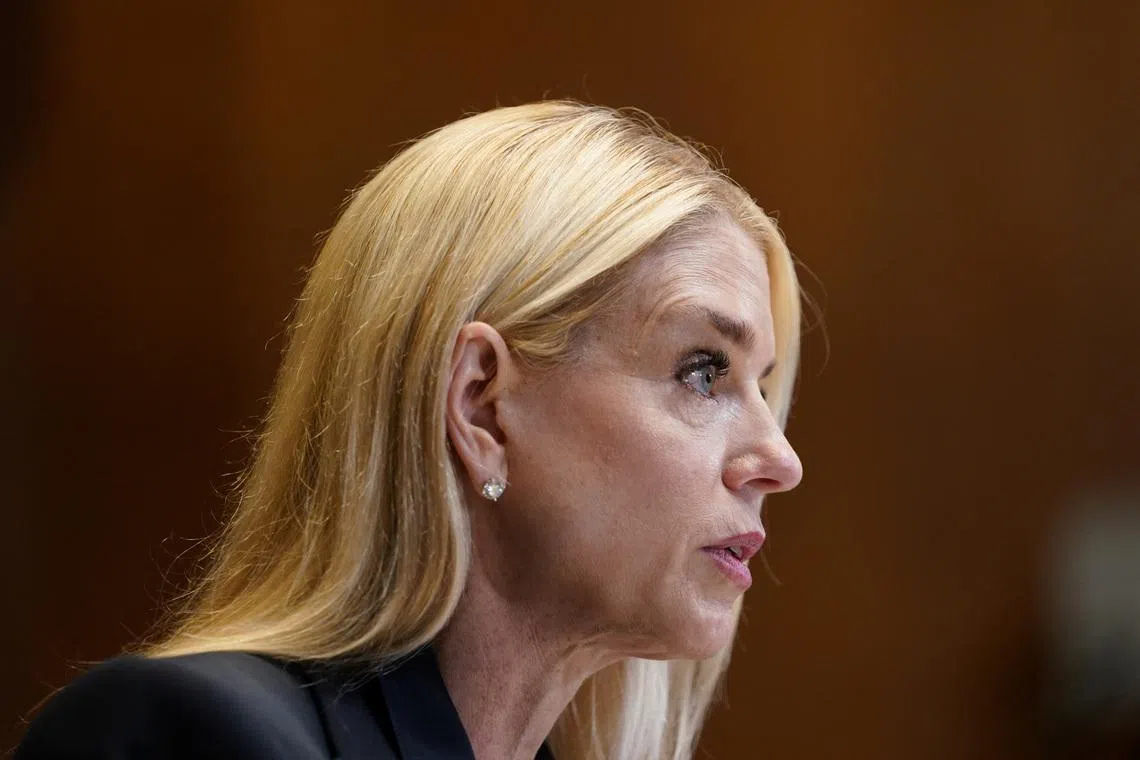 FILE PHOTO: U.S. Attorney General Pam Bondi testifies before a Senate Appropriations Subcommittee hearing on U.S. President Donald Trump's budget request for the Department of Justice, on Capitol Hill in Washington, D.C., U.S., June 25, 2025. REUTERS/Nathan Howard/File Photo