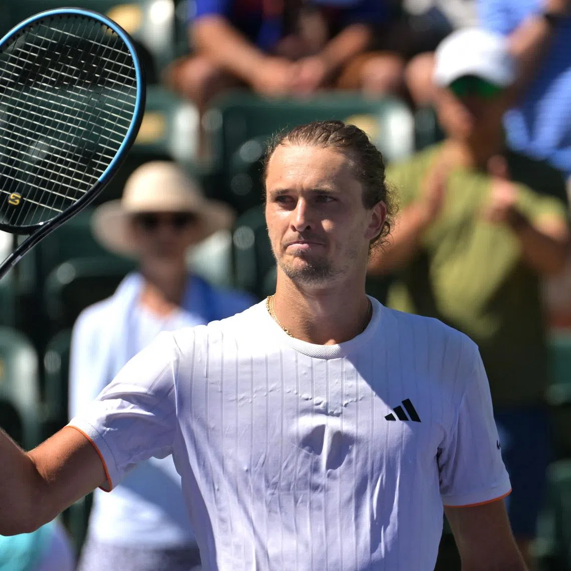 Mar 12, 2026; Indian Wells, CA, USA;  Alexander Zverev (GER) acknowledges the crowd after his quarterfinal match where he defeated Arthur Fils (FRA) during the BNP Paribas Open at the Indian Wells Tennis Garden. Mandatory Credit: Jayne Kamin-Oncea-Imagn Images