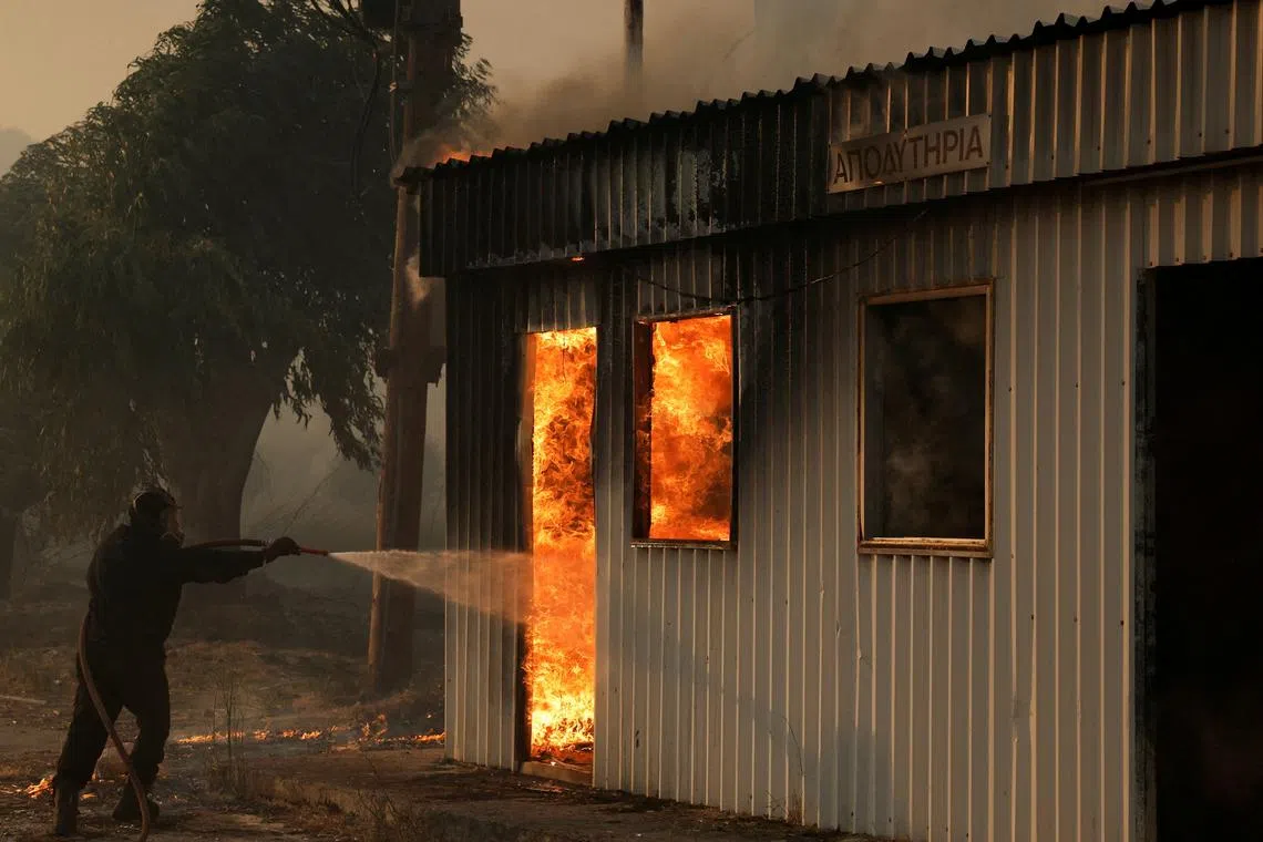 A firefighter works to extinguish a fire from an building during a wildfire, in Sichaina near Patras, Greece, August 13, 2025. REUTERS/Louiza Vradi