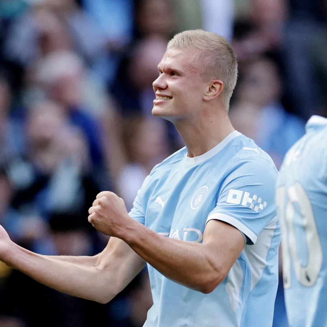 Manchester City’s Erling Haaland celebrates scoring in the 1-0 Premier League win over Coventry City.