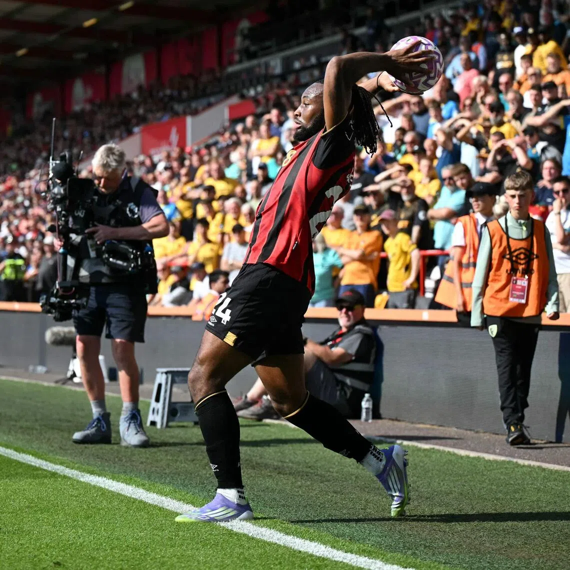 Bournemouth's Antoine Semenyo taking a throw-in during their 1-0 English Premier League win over Wolverhampton Wanderers on Aug 23.