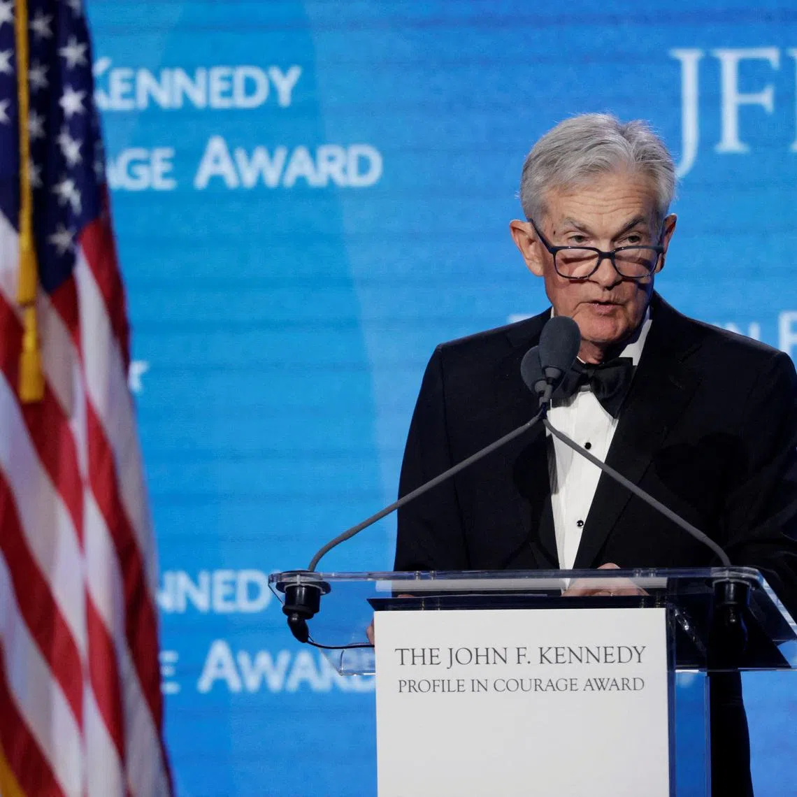 Federal Reserve Board Governor Jerome Powell, speaks after receiving the 2026 John F. Kennedy Profile in Courage Award on May 31.
