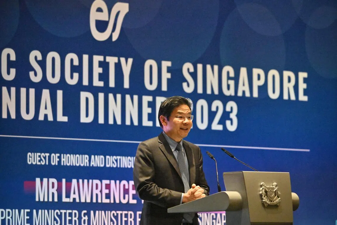 DPM Lawrence Wong speaking at the Economic Society of Singapore’s annual dinner on Sept 26, 2023.