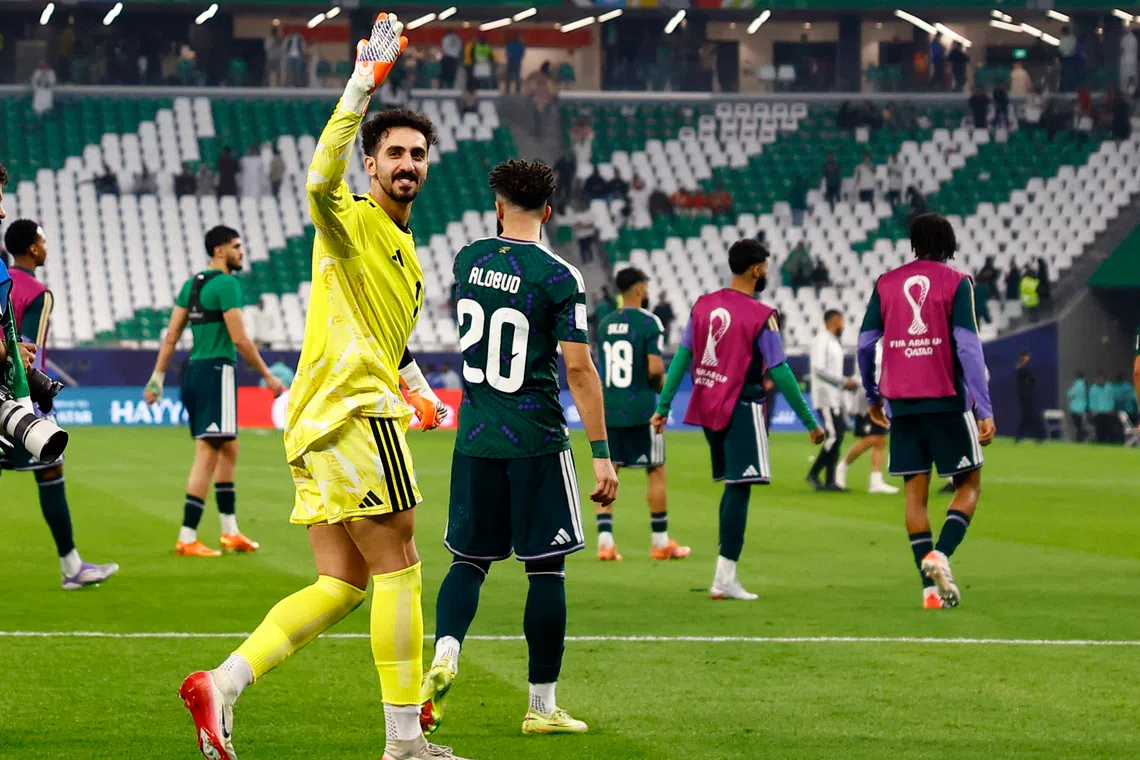Soccer Football - FIFA Arab Cup - Qatar 2025 - Group B - Saudi Arabia v Oman - Education City Stadium, Al Rayyan, Qatar - December 2, 2025 Saudi Arabia's Nawaf Al Aqidi celebrates after the match REUTERS/Rula Rouhana