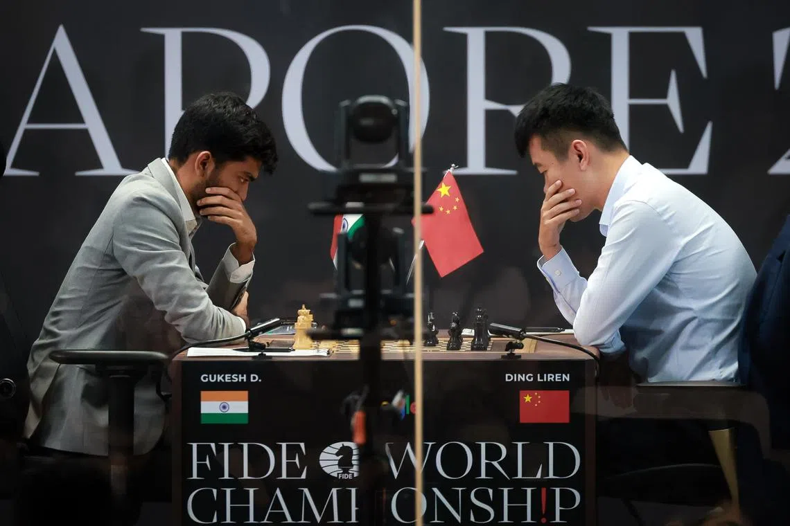 Gukesh Dommaraju and.Ding Liren during Game 1 of the FIDE World Chess Championship Singapore held at Reasorts World Sentosa on Nov 25, 2024.