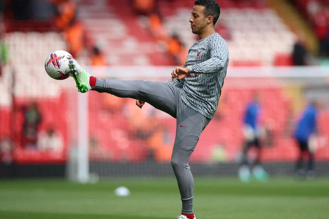 FILE PHOTO: Soccer Football - Premier League - Liverpool v Nottingham Forest - Anfield, Liverpool, Britain - April 22, 2023 Liverpool's Thiago Alcantara during the warm up before the match REUTERS/Phil Noble/File Photo