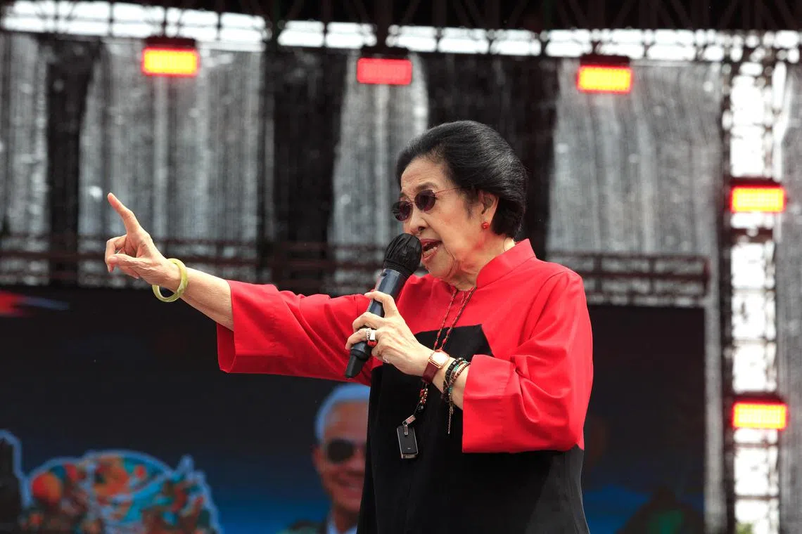 Ms Megawati Soekarnoputri, chairwoman of Indonesia’s largest political party, at an election campaign rally for the party’s candidates in Central Java in February 2024. PDI-P emerged the top party in the 2024 legislative election.