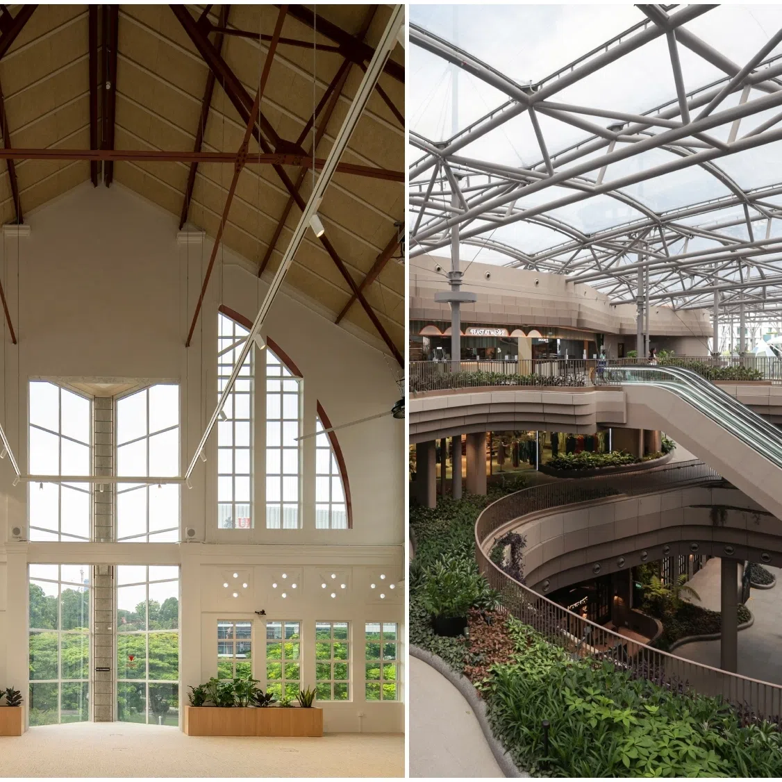 Parts of the newly renovated Temasek Shophouse (left) and Weave mall (right) in Resorts World Sentosa.