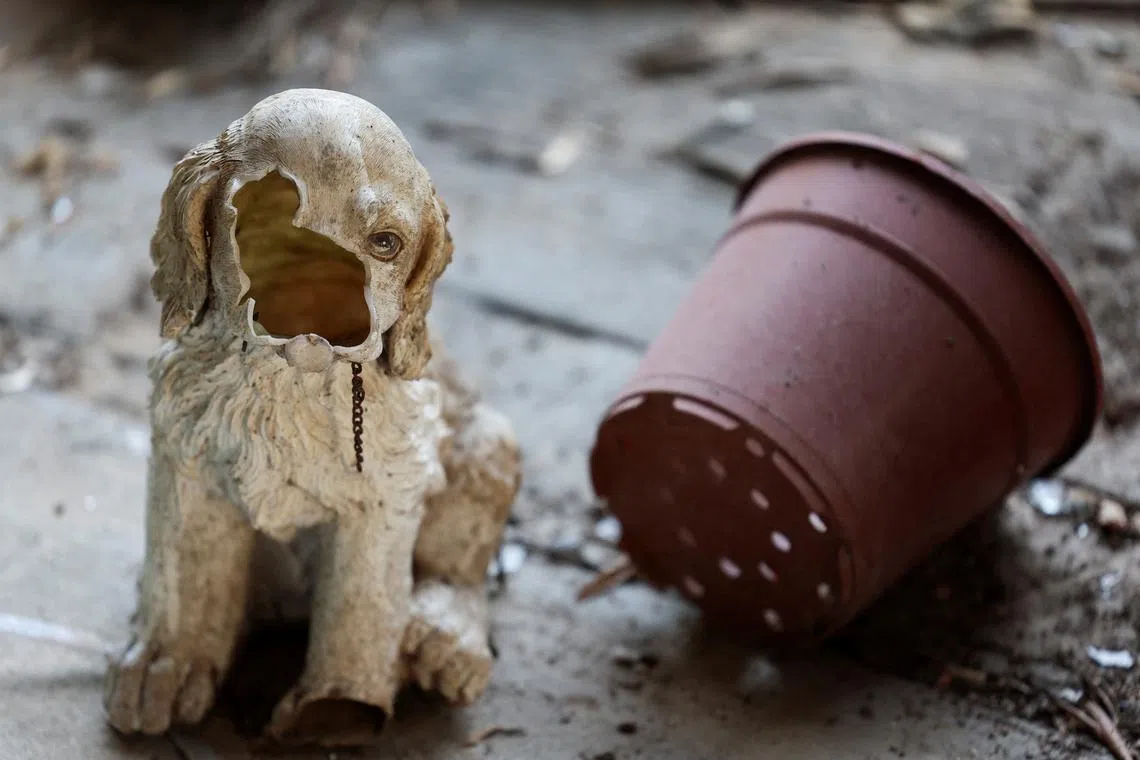 A broken dog figurine next to a plant pot at a burnt house that has been abandoned for two months after the deadly October 7 attack by gunmen from Palestinian militant group Hamas from the Gaza Strip, in Kibbutz Beeri, southern Israel, Dec 7, 2023. 