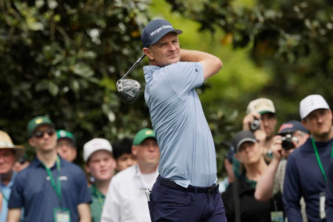 Golf - The Masters - Augusta National Golf Club, Augusta, Georgia, U.S. - April 6, 2026 England's Justin Rose hits his tee shot on the 9th hole during a practice round REUTERS/Brian Snyder