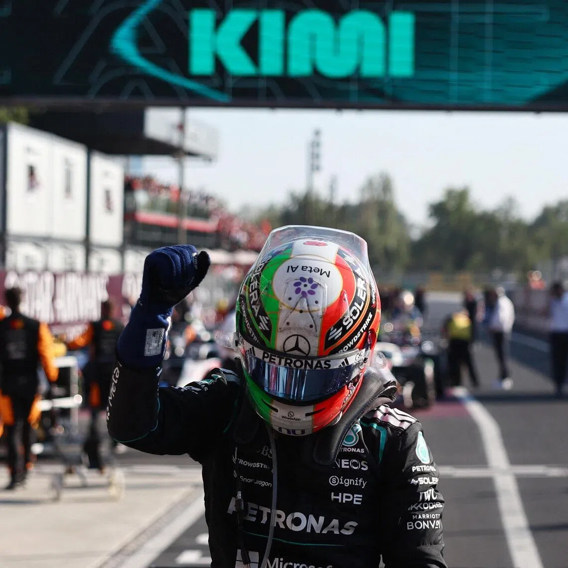 Mercedes’ Kimi Antonelli celebrating after winning the Formula One Italian Grand Prix at Autodromo Nazionale Monza on Sept 6, becoming the first Italian driver to win the grand prix in 60 years.