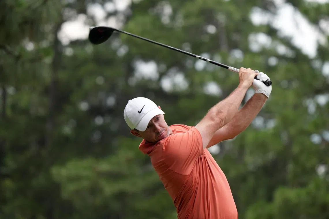 Jun 13, 2024; Pinehurst, North Carolina, USA; Rory McIlroy plays his shot from the second tee box during the first round of the U.S. Open golf tournament. Mandatory Credit: Katie Goodale-USA TODAY Sports