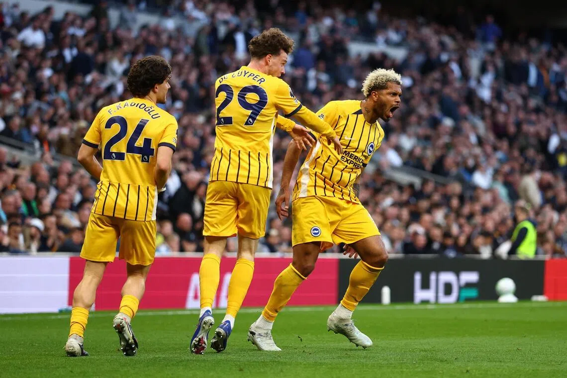 Brighton's Georginio Rutter celebrates scoring their second goal in stoppage time, to equalise with Tottenham and leave them  stuck in the Premier League relegation zone.