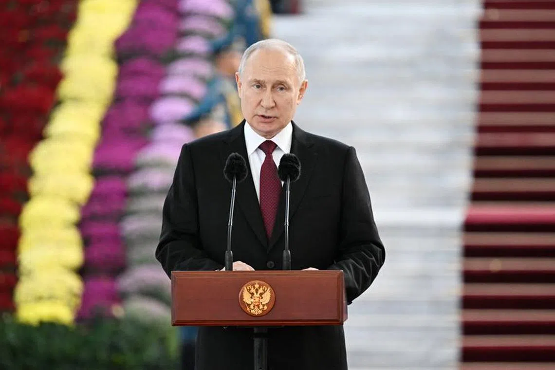 Russia's President Vladimir Putin attends an event dedicated to the 20th anniversary of the establishment of the Russian military base in the city of Kant, in Bishkek, Kyrgyzstan October 12, 2023. Sputnik/Pavel Bednyakov/Kremlin via REUTERS