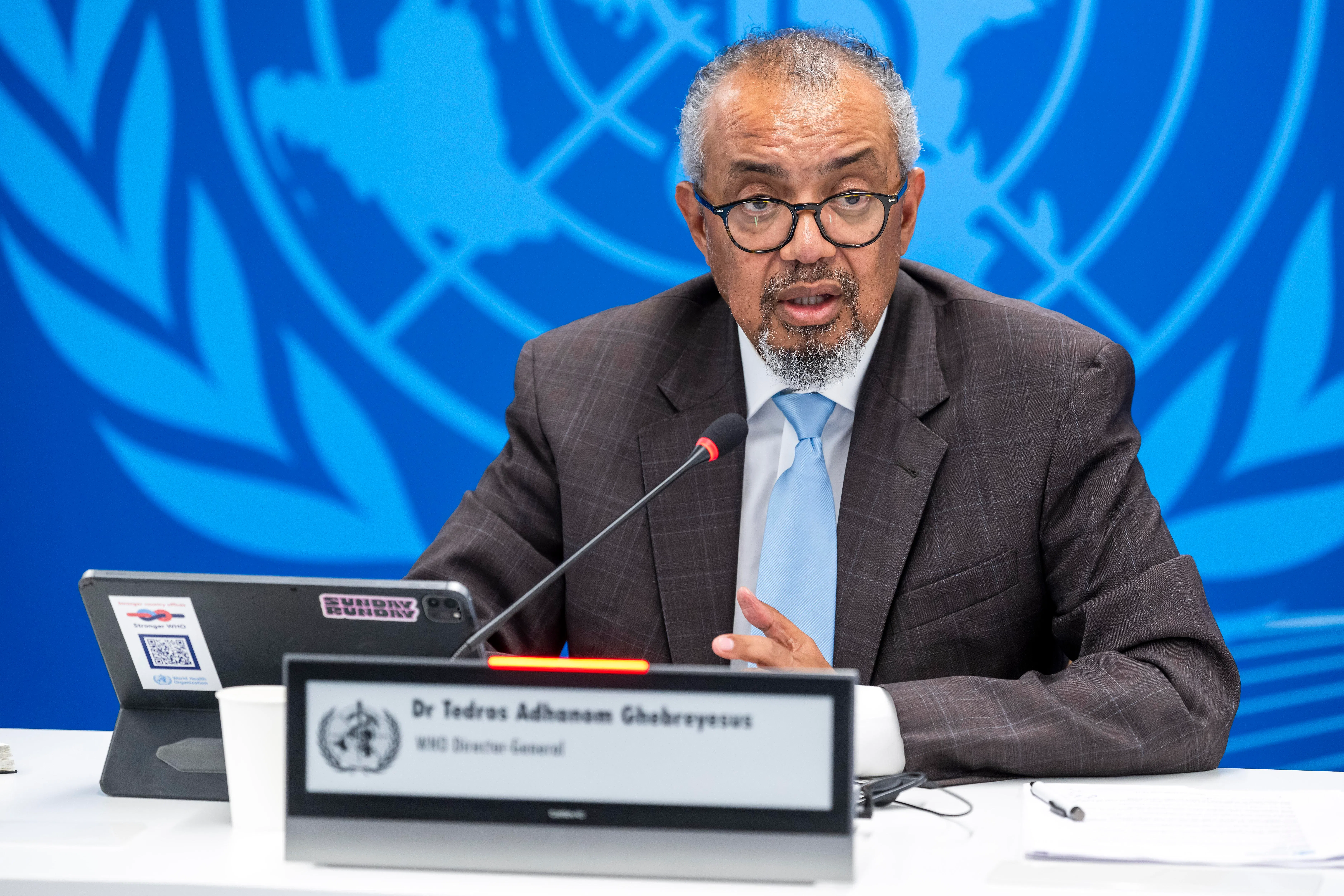 epa13061065 Tedros Adhanom Ghebreyesus, Director General of the World Health Organization (WHO), speaks to the media regarding the epidemic of Ebola and global health issues during a press conference at the World Health Organization (WHO) headquarters in Geneva, Switzerland, 24 June 2026.  EPA/MARTIAL TREZZINI