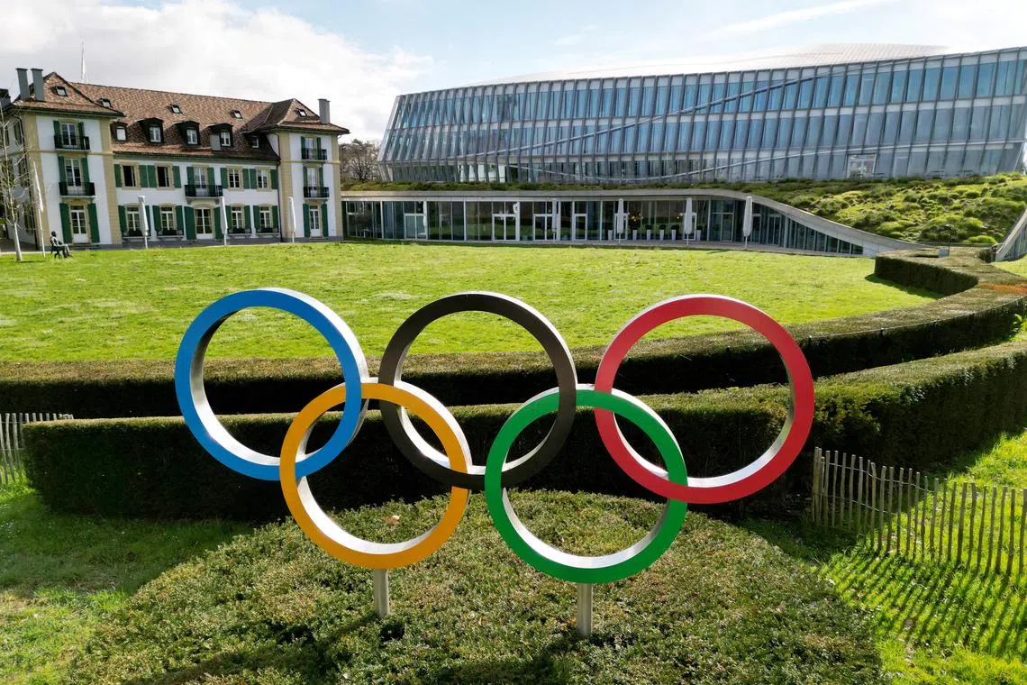 FILE PHOTO: Drone view of the Olympic rings in front to International Olympic Committee (IOC) headquarters in Lausanne, Switzerland, March 19, 2024. REUTERS/Denis Balibouse/File Photo