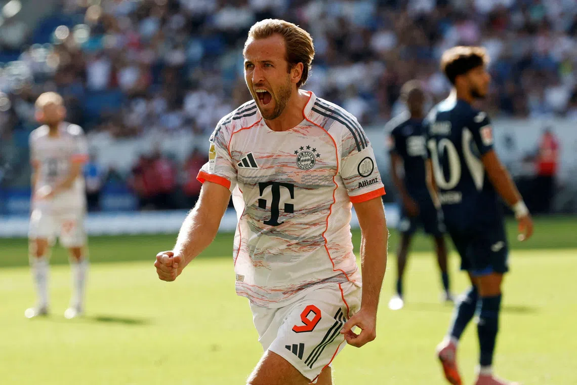 Soccer Football - Bundesliga - TSG 1899 Hoffenheim v Bayern Munich - PreZero Arena, Sinsheim, Germany - September 20, 2025 Bayern Munich's Harry Kane celebrates scoring their first goal REUTERS/Heiko Becker